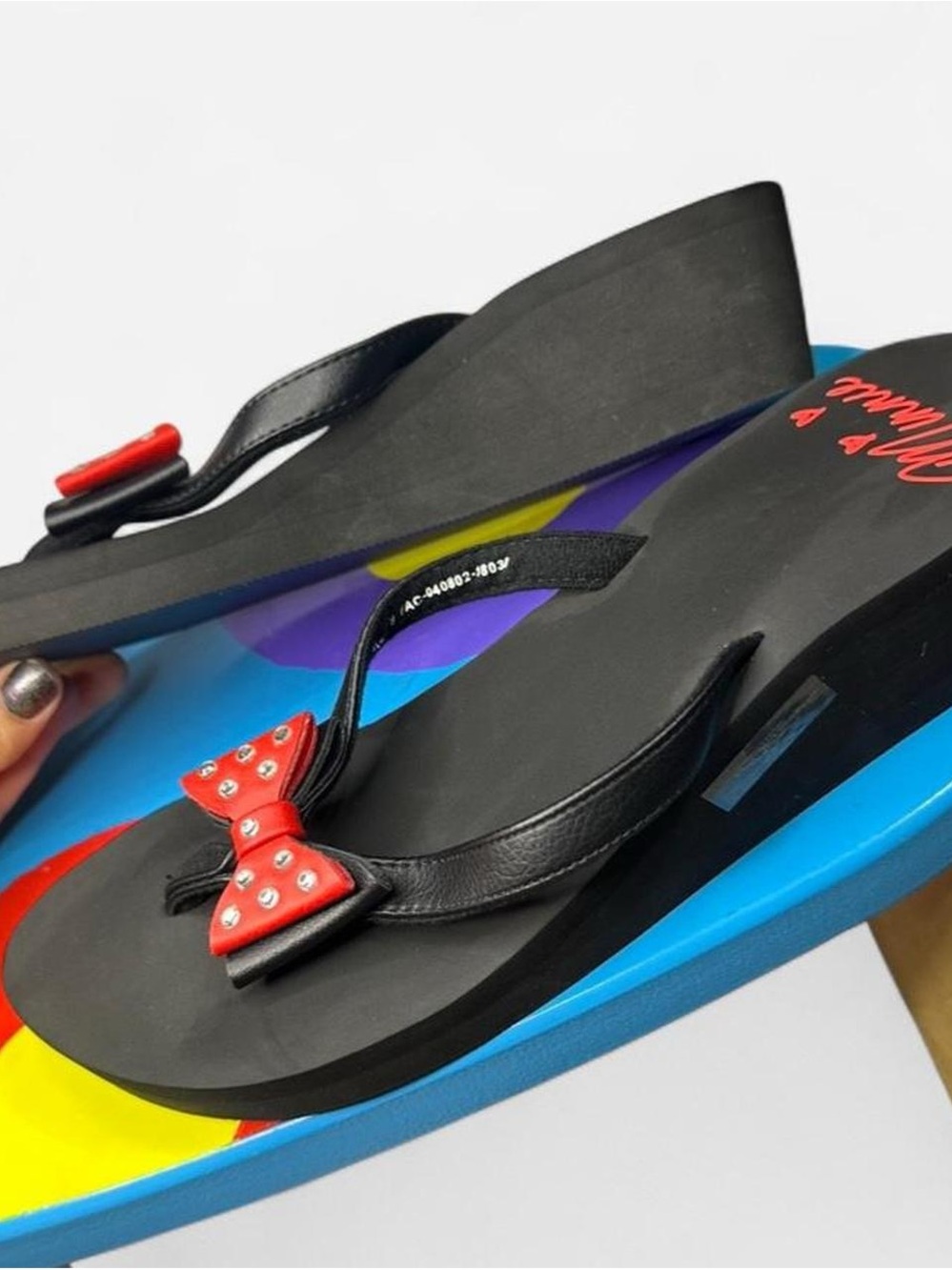 Disney Black Flip Flops with Red & Rhinestone Bow Accents - Picture 5 of 6